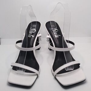 WHITE SIZE 11 SLIDE ON MULES BY SHELN/ CHAIN EMBELLISHMENT
